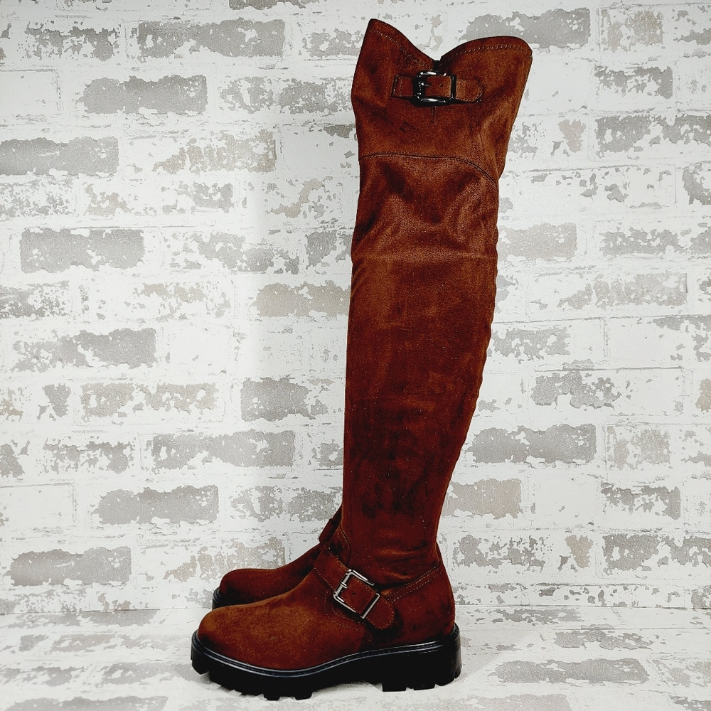 NEW Marc Fisher LTD Ganven Faux Suede Brown Lug Sole Over the Knee Boots M783